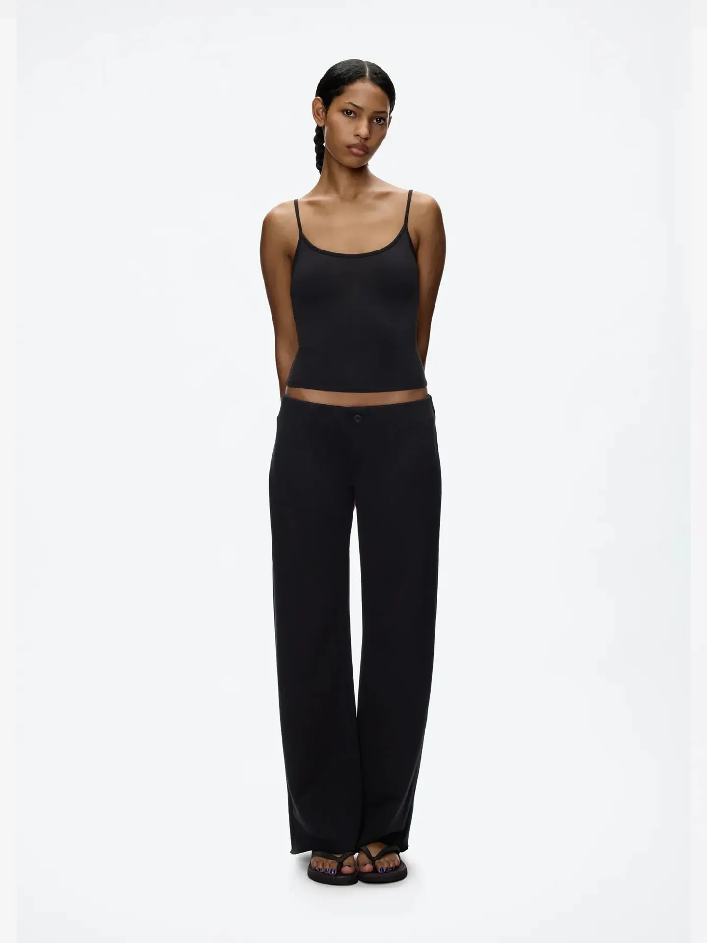 Tank Pre-dyed Mountain Ebony Purple Ultra-Low-Rise Fitted Straight Leg Sweatpants, Black Waistless Elastic Casual Long Pants