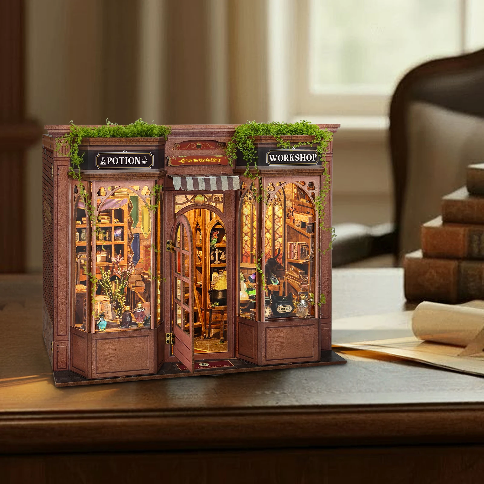 DIY Wooden Magic Potion Workshop Figurines Miniatures Bookend Assembled Houses for Friends Birthday Gifts Home Decoration