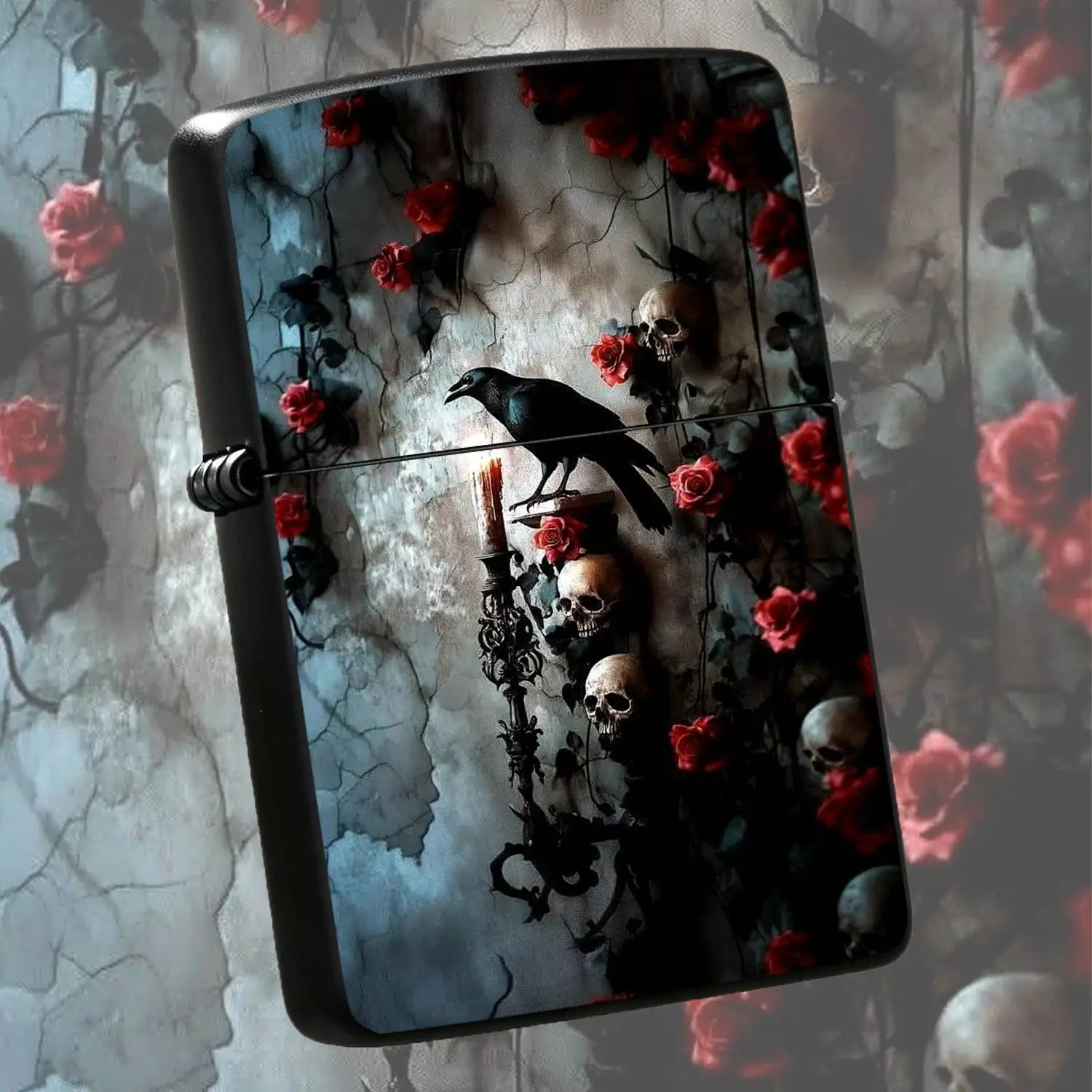 Gothic Crow Red Rose Pattern Lighter Vintage Cracked Wall Art Design Portable Stylish Accessory Unique Dark Aesthetic Present For Daily Multi-Scene Use Gifting For Gothic Style Lovers A Humorous And Interesting Lighter