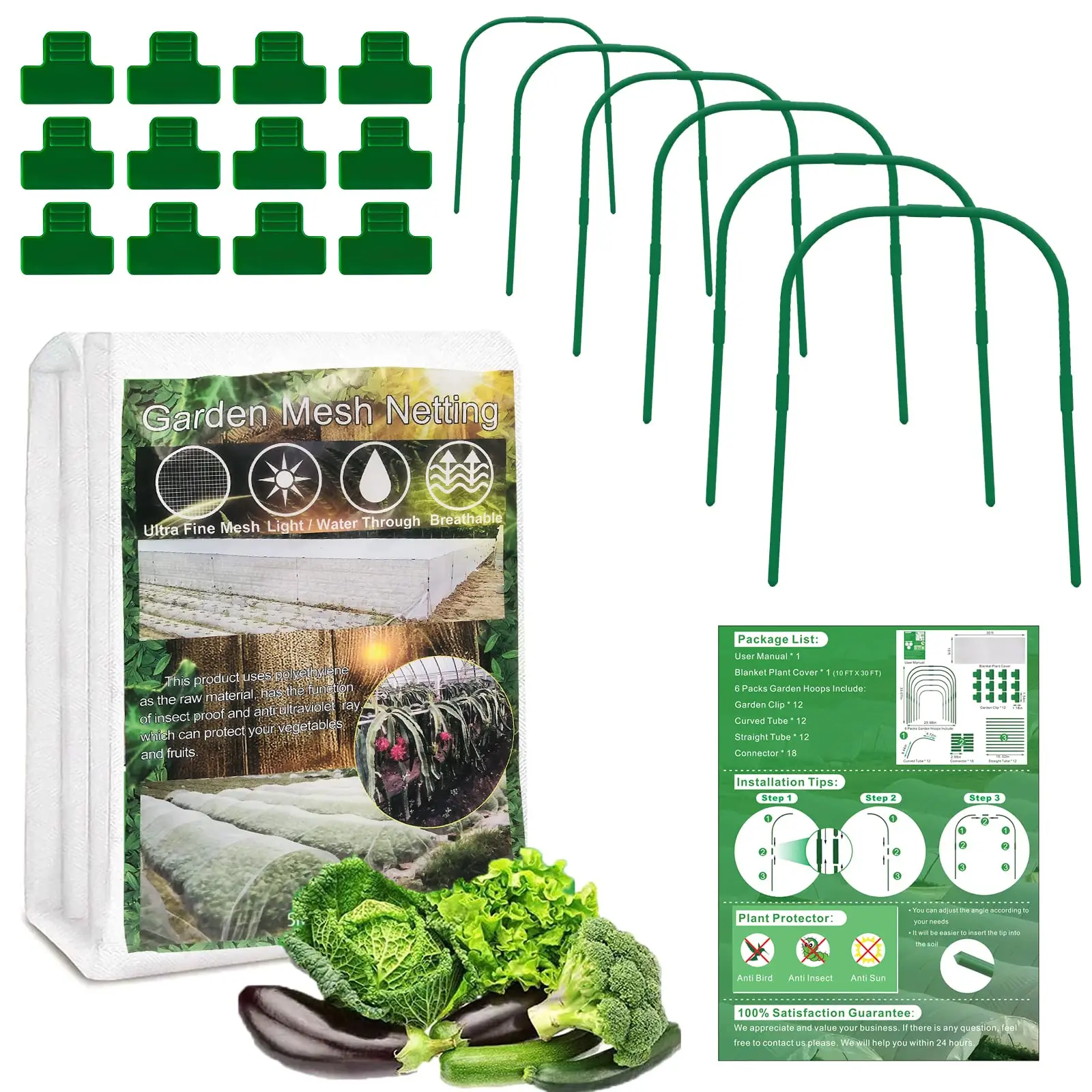 

Garden Mesh Netting Kit Plant Cover with 6pcs Garden Hoops & 12 Clips for Vegetable Plants Fruits Flowers Greenhouse Birds Anima