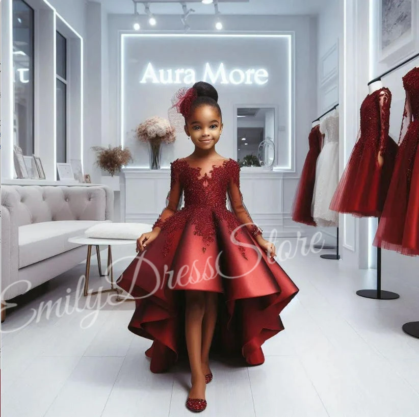 

Customized Red Flower Girl Dress For Wedding Lace V-neck Puffy Satin Knee Length Baby First Communion Kid Birthday Party Gown