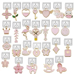 Y2k Pink Heart Flower Butterfly Charm Italian Bracelet For Women Original Stainless Steel Jewelry DIY Making Gifts Hand Chain