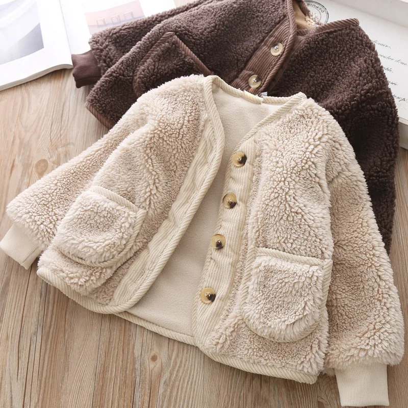 Girls Baby Plush long sleeve coat 2024 autumn winter new baby anti lamb wool medium and long thickened wool sweater coat