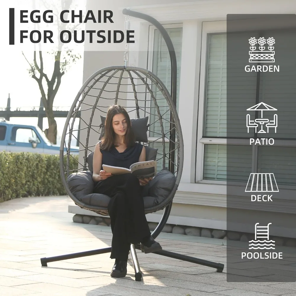 Egg Chair with Stand, Hammock Hanging Chair Nest Basket, UV Resistant Removable & Washable Cushions,350LBS Capacity Egg Chair