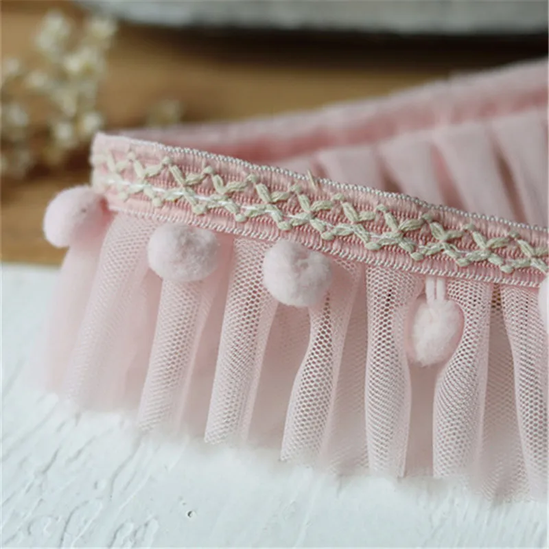 5CM Wide Double Layers Mesh Pleated Fabric 3d Lace Trim Princess Pink Pompom Fringe Ribbon Wedding Dress Sewing Guipure Decor