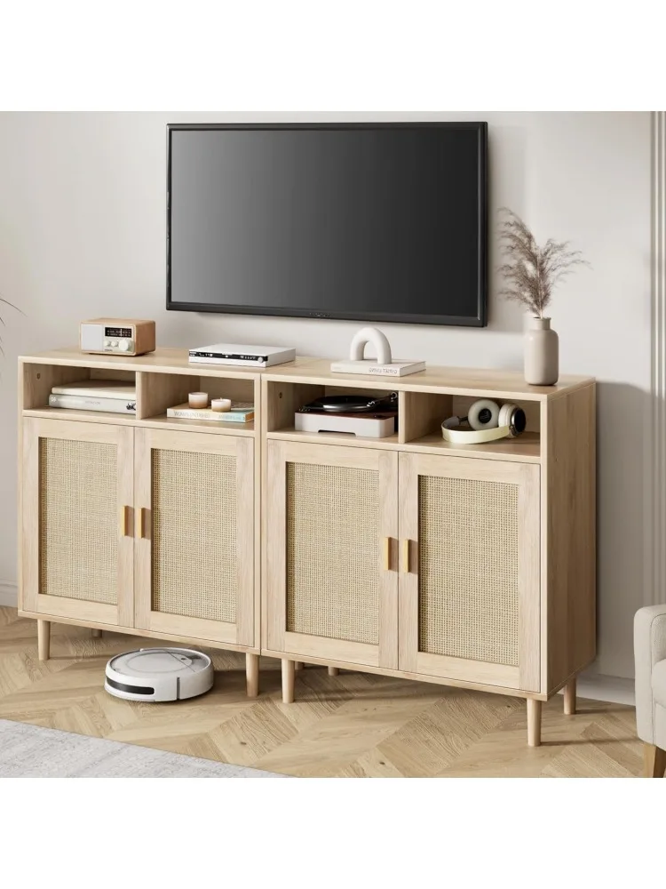 Rattan Buffet Cabinet with 4 Doors and Shelf - Multifunctional Storage Sideboard for Dining, Kitchen, Living Room, and En