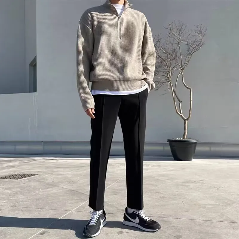 Half-Zip Stand Collar Loose Long Sleeve Knit Sweater Men's Casual Top