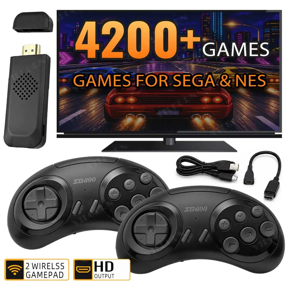 Consola Videojuego Retro Game Stick 16 Bit 4200 Juegos Clásicos Para Genesis Mega Drive NES TV Consola HDMI-Compatible con 2 Controles Inalámbricos 2.4G Plug and Play