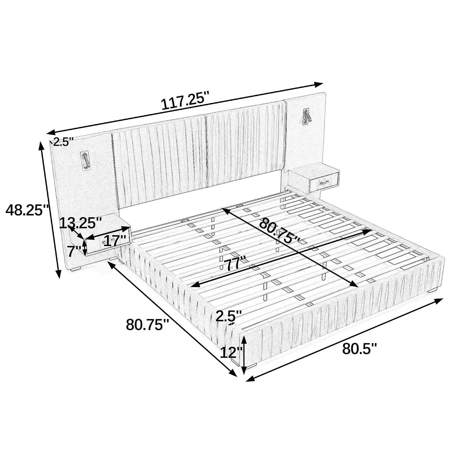 Platform Bed With Nightstands Headboard Adjustable Lighting No Box Spring Space-Saving Bedroom, Customized
