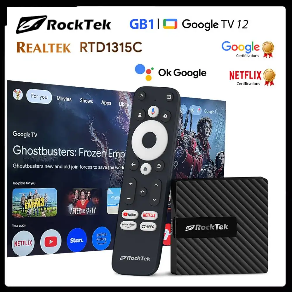 RockTek GB1 TV Dongle Netflix Google Certified TV Stick Mini BOX 2GB16GB Media Player Support Dolby Atmos Vision 2T2R Wifi BT5.0