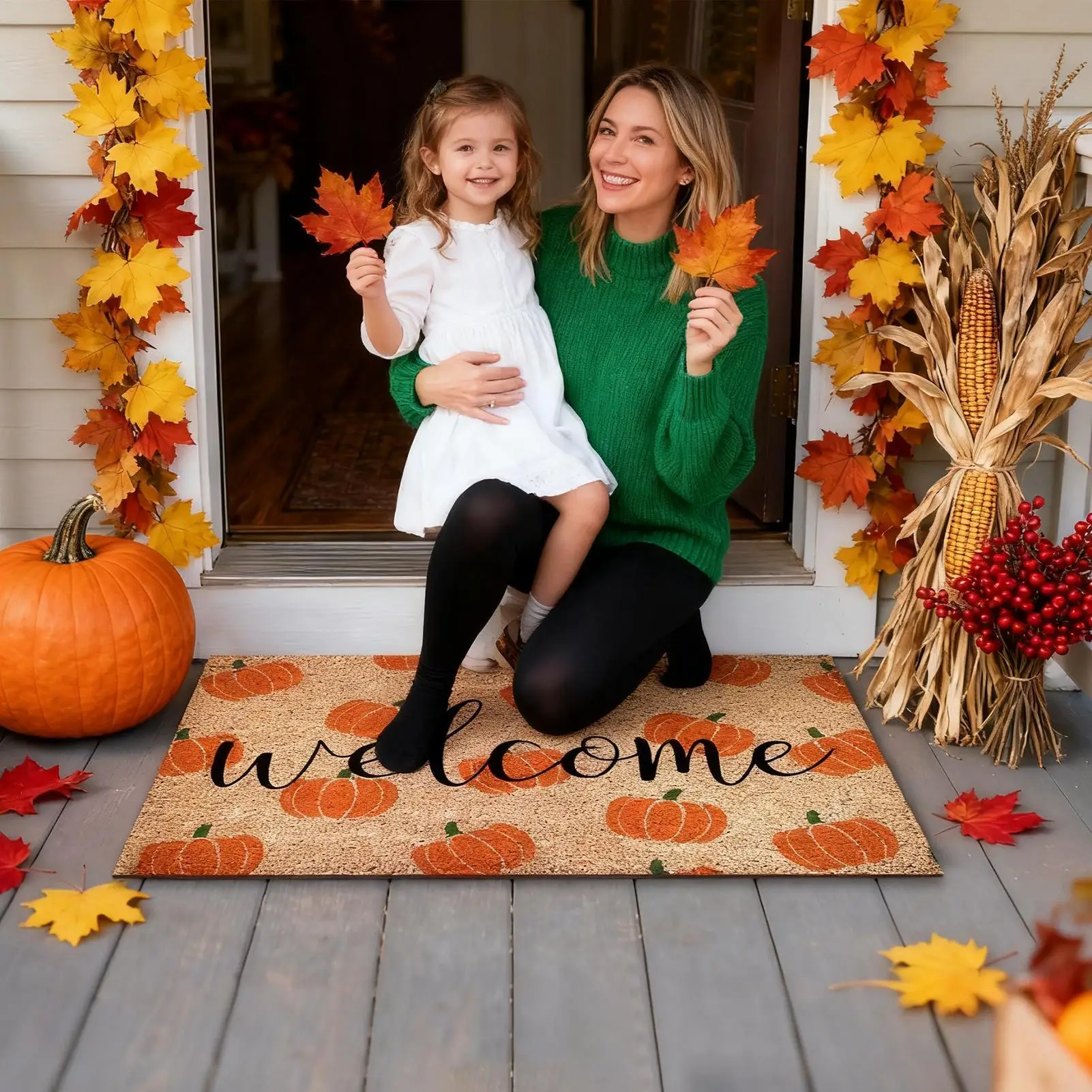 Non-Slip Pumpkin Welcome Mat, Fall Decor Outdoor Entrance Rug, Kitchen Bedroom Bathroom Living Room Autumn Halloween Decor