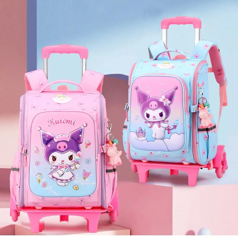 

Kuromi Trolley School Bag Cartoon Sanrios Children School Backpack with Wheels Climbable Stairs Students 1-3-6 Grade Schoolbag