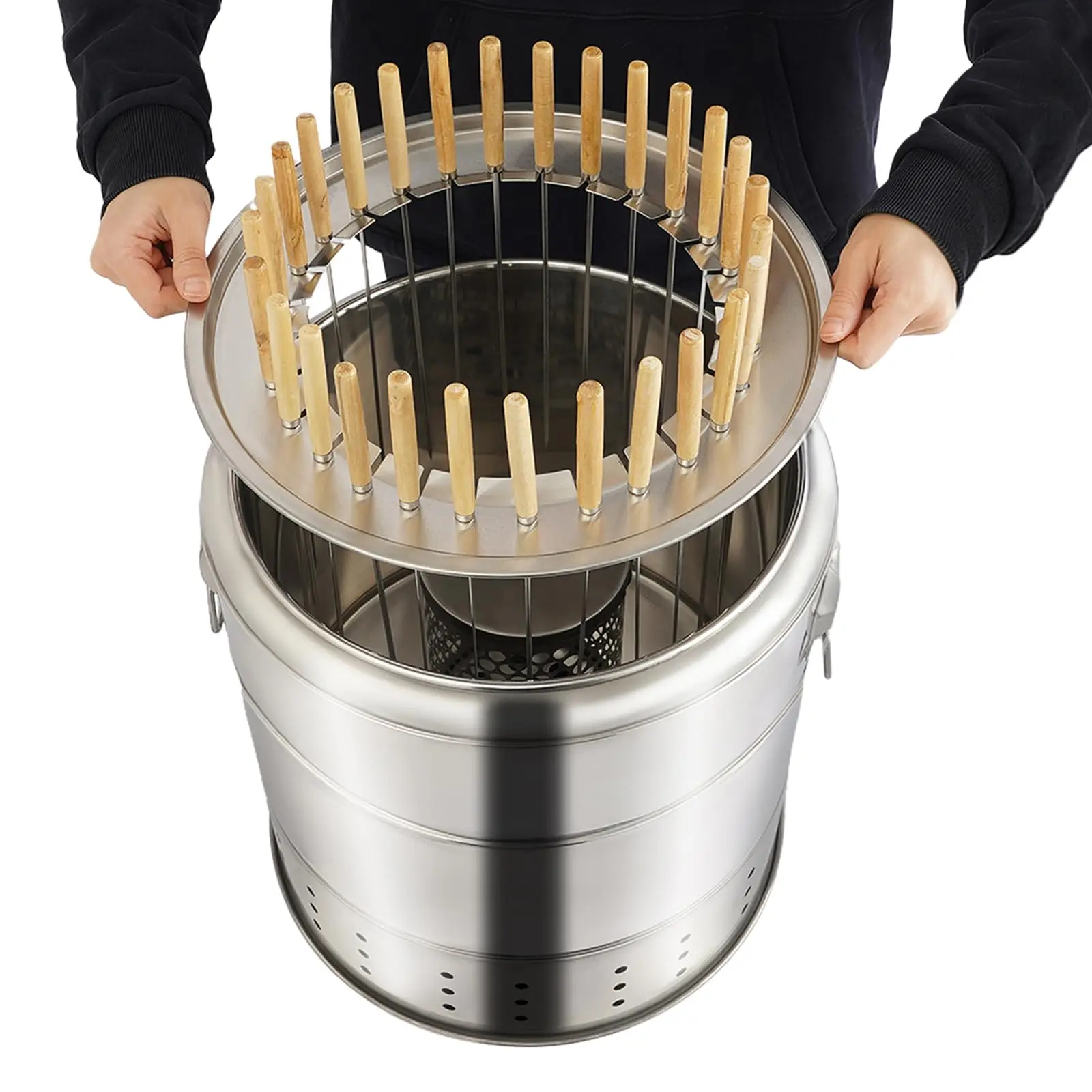

Portable Barbecue Charcoal Barrel Grill, Stainless Steel Surround Charcoal Kebab Grill with 28 Skewers Grilling Accessories Set,