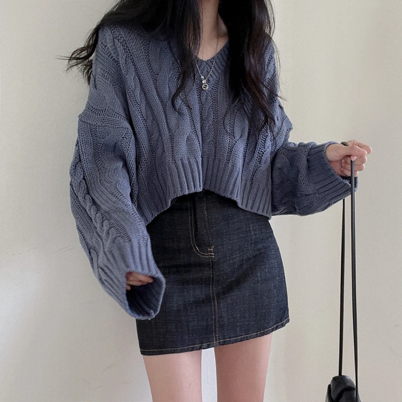 Blue V Neck Short Knit Pullovers Women Fall Winter Casual Loose Long Sleeve Sweater Top 3 Colors