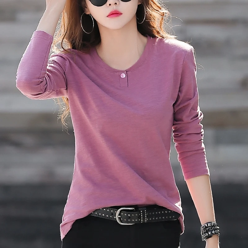 Long Sleeve Women's T-shirt Spring New Loose Korean Version Bamboo Cotton  Color round Neck Female Fashionable Top
