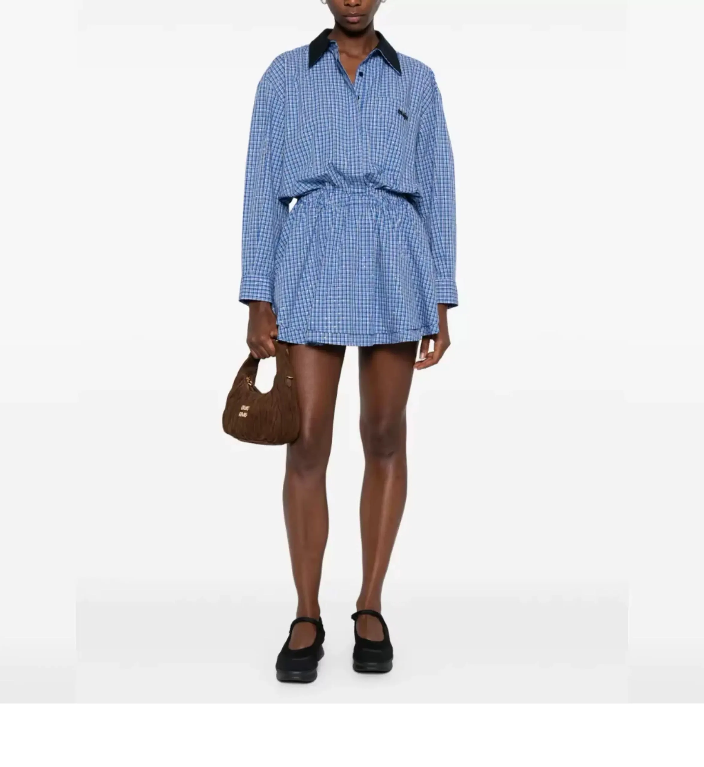 

Classic Striped Blue Diamond Patchwork Waist Cinched Short Dress Shirt Commute Style Loose Fit Cotton Long Sleeve Collar