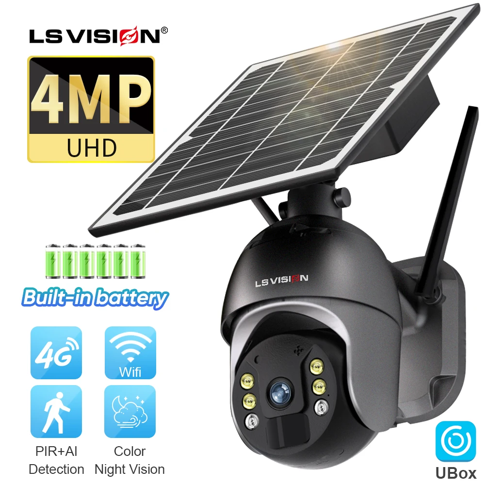 

LS VISION 2K 4G Solar Security Camera Outdoor 4MP Wireless WiFi PTZ Two-way Audio Human Detection CCTV Cam with 8W Solar Panel