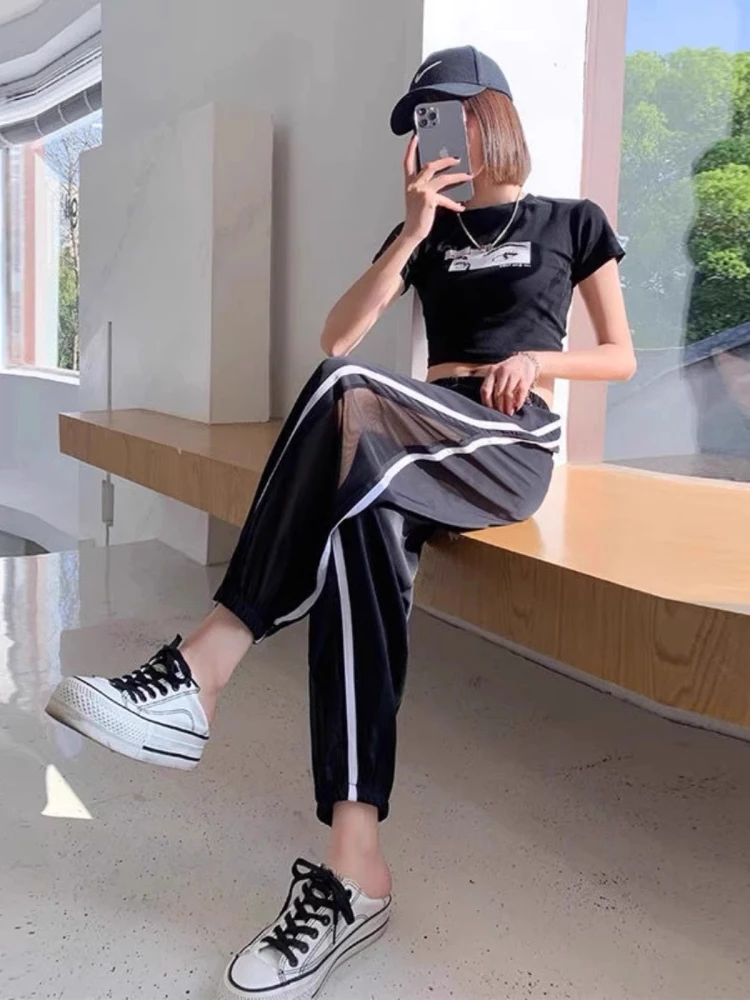 

Женские спортивные брюки из ледяного шелка с высокой талией, драпированные, тонкие, летние, быстросохнущие, повседневные, свободные, в корейском стиле, фасон «фонарик»