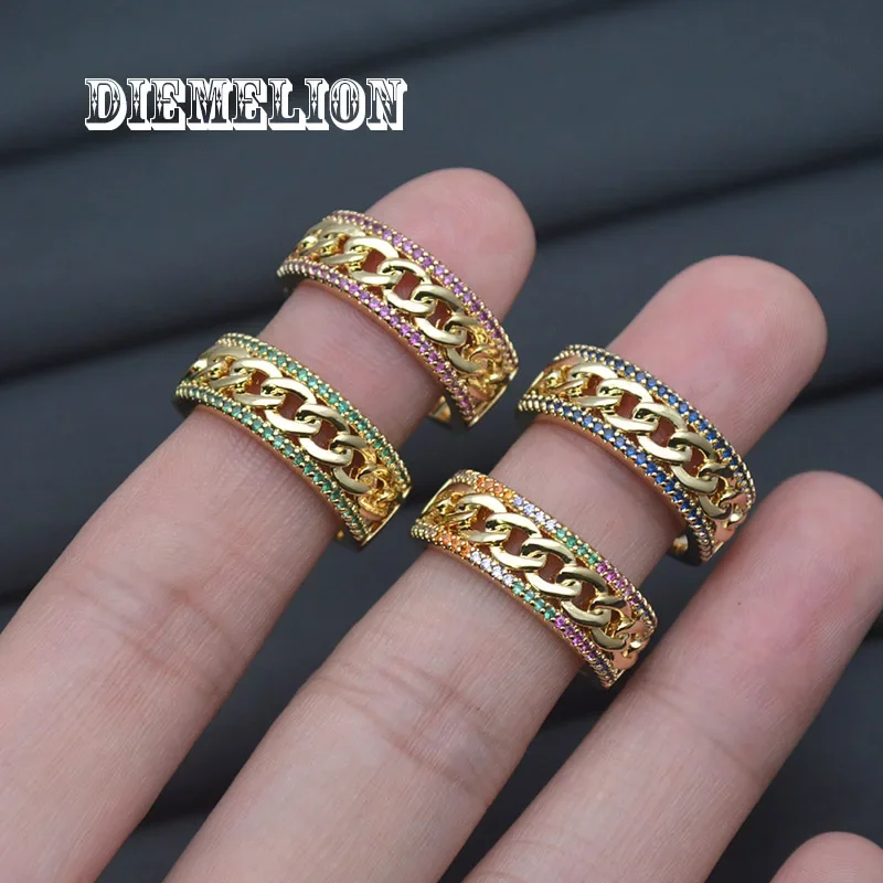 Anillos de cadena gruesa de 7mm para mujer, incrustaciones de circonita cúbica colorida, anillo de cadena de giro ajustable abierto, joyería de hip hop/Rock de moda