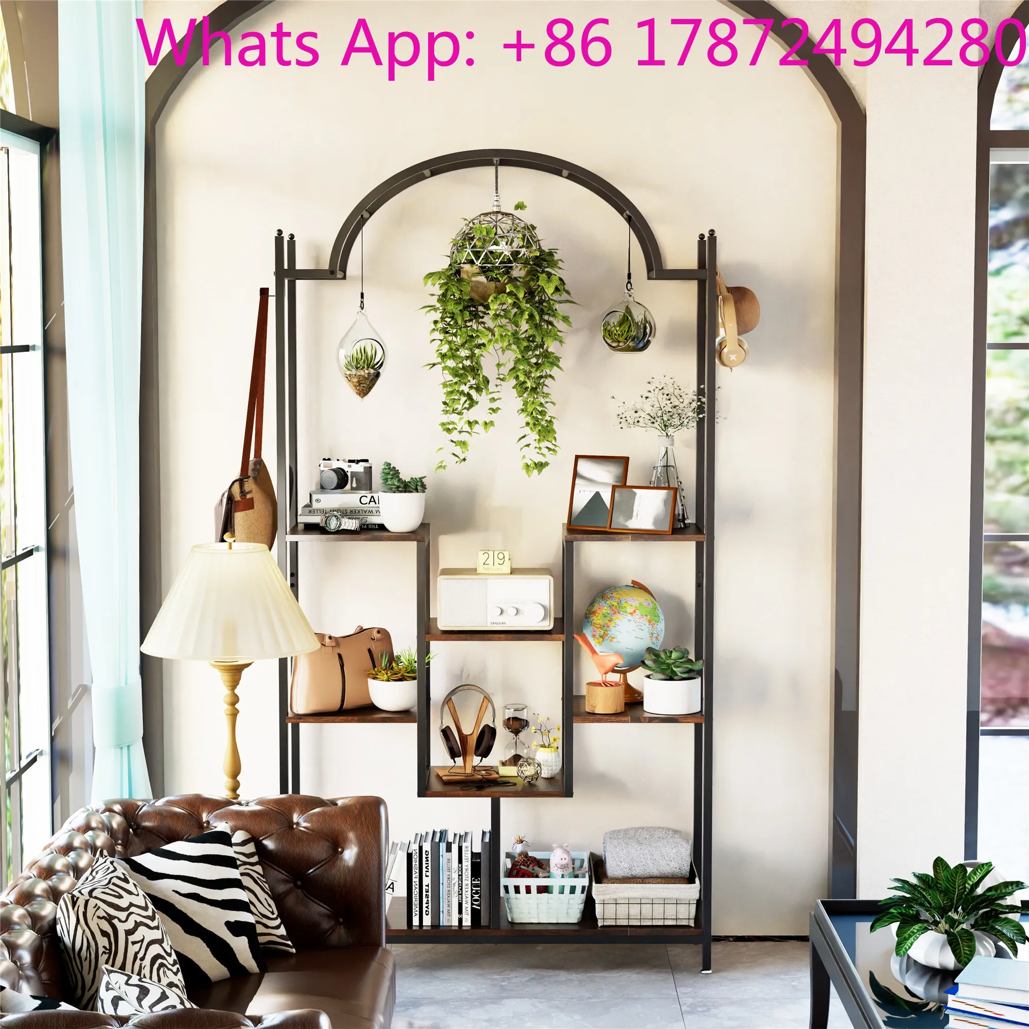 74.8'' Arched Metal Flower Shelf with Hanging Hooks, Large Bonsai Pots Display Rack for Garden