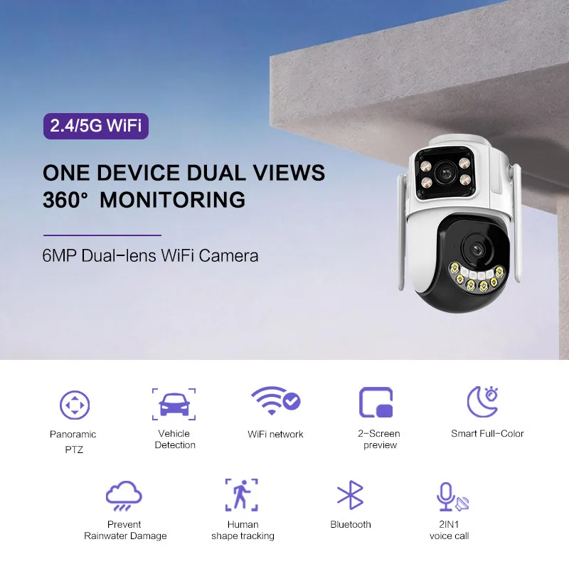 6MP  iCsee  APP  Dual Lens Wireless PTZ Alarm  IP Dome Camera Full Color AI Humanoid Detection Home Security CCTV Baby Monitor