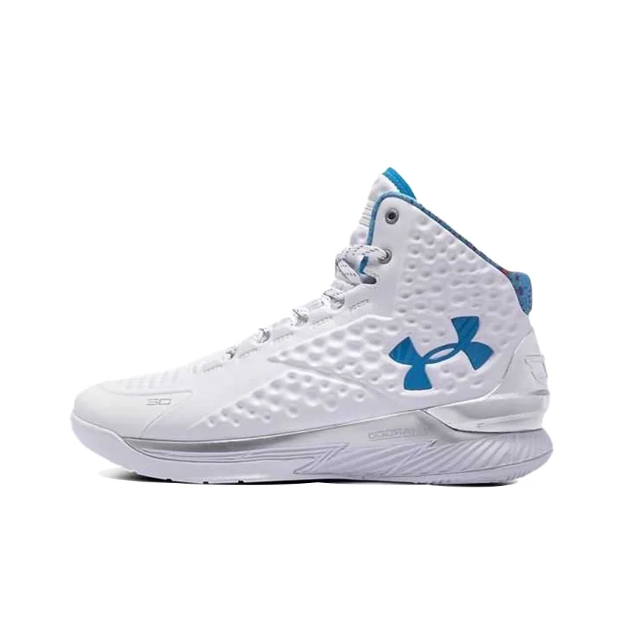 Under Armour Curry 1 Basketball Shoes Men's Mid Top White/Blue 3024394-100
