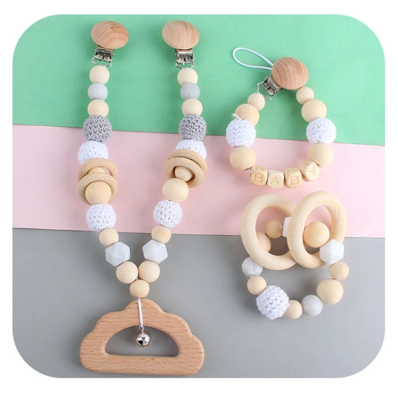 Wooden Baby Pram Clip Toys Baby Gym Hanging Pendants Toys Baby Stroller Rattle Bed Bell Mobile Rattles Silicone Beads Teething