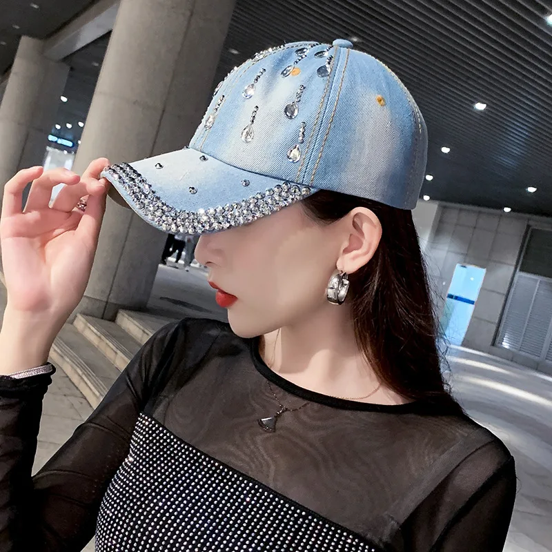 Denim Baseball Cap Women Rhinestone Droplets Cowboy Snapback Spring Summer Sunshade Sun Hat Lady Korean Casual Cap Blue