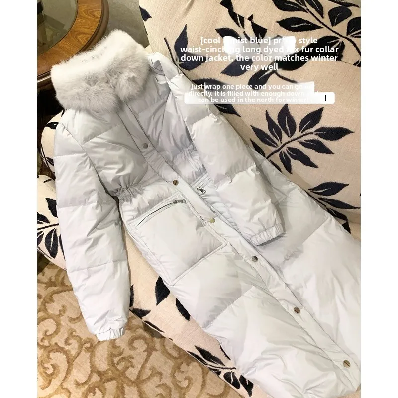 

Blue Fur Collar Over-Knee down Jacket Women's Winter 90 White Duck down Waist-Cinching Long Cotton Coat Outerwear