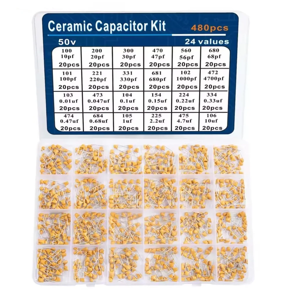

Набор керамических конденсаторов для гитары, 480 шт., 24 значения, 0,1 мкФ-10 мкФ