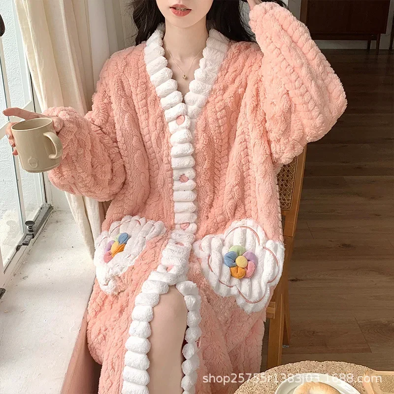 Nightgown Winter Women's Clothing Thickened Padded Home Loose Cozy Simple Affordable Soft Elegant High-quality Casual Warm Sweet