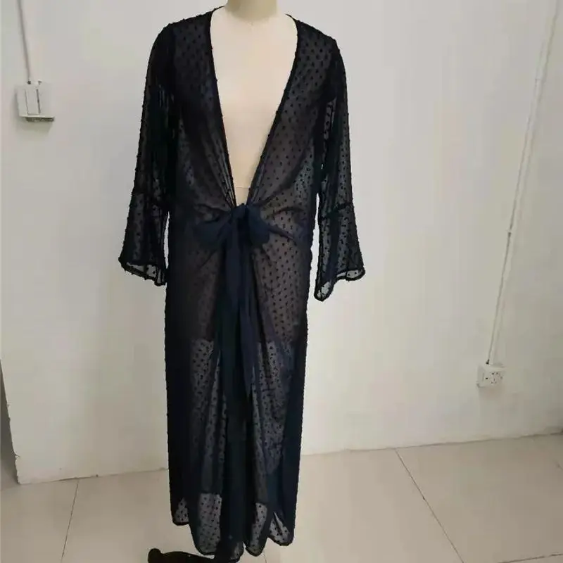 Vestido playero de manga larga para mujer, traje holgado de lunares con cordones, Sexy, transparente, para vacaciones, Verano