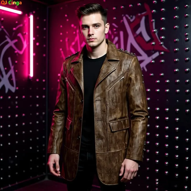 Brown Men's PU Jackets with Lapels for Fall and Winter, and Dark Gray Faux Leather Coats for Spring, European Sizes S–XXXL.