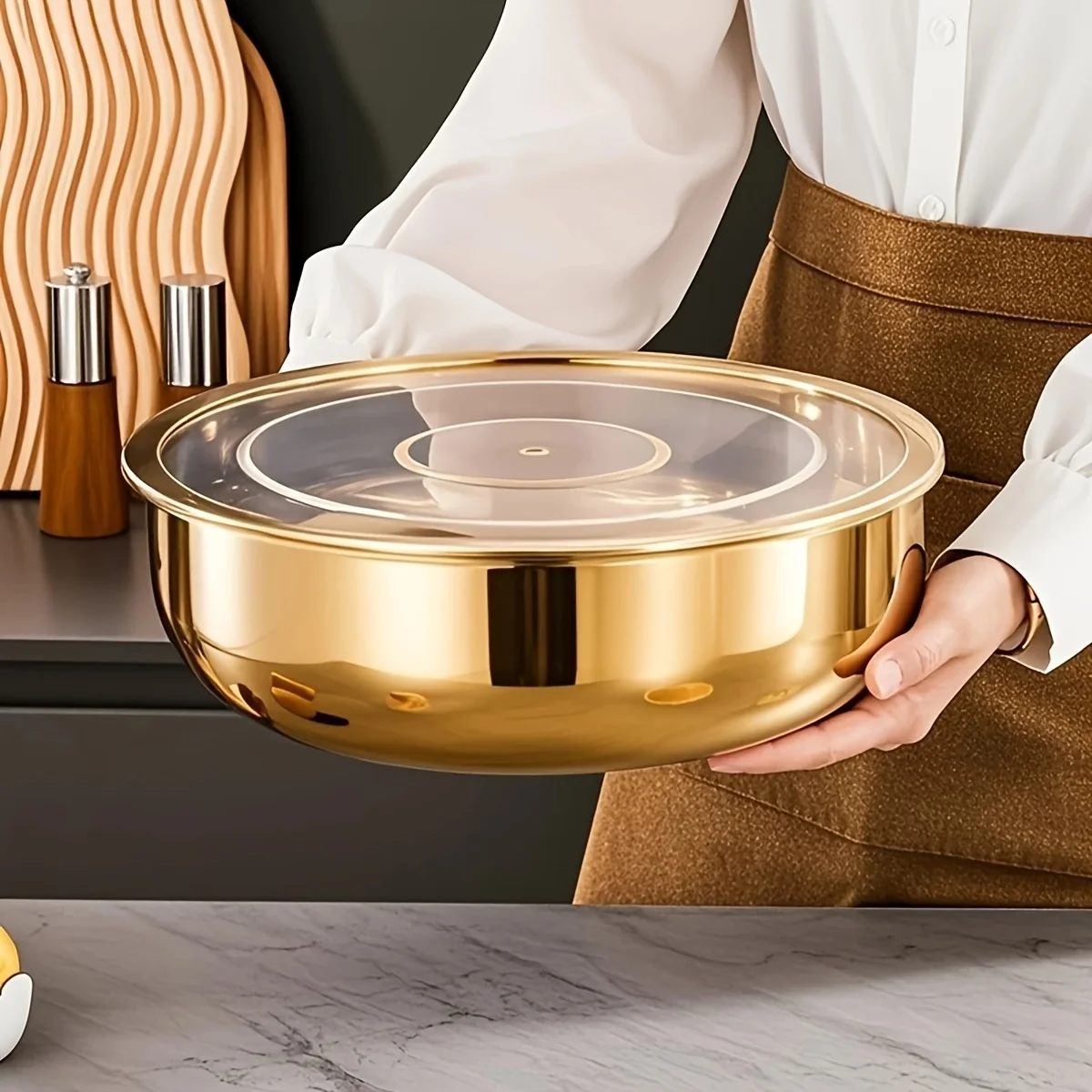 Золотая миска для смешивания из нержавеющей стали с крышкой |   Глубокий нержавеющий для выпечки и макарон |   Сверхмощная кухонная утварь, которую можно мыть в посудомоечной машине