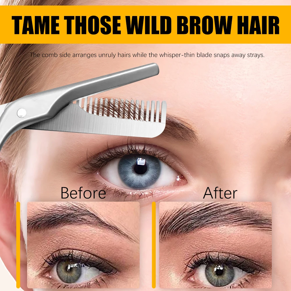 1개입 눈썹 가위와 빗 세트 파우더 스테인리스 스틸 여성용 정밀 눈썹 트리머 빗 가위