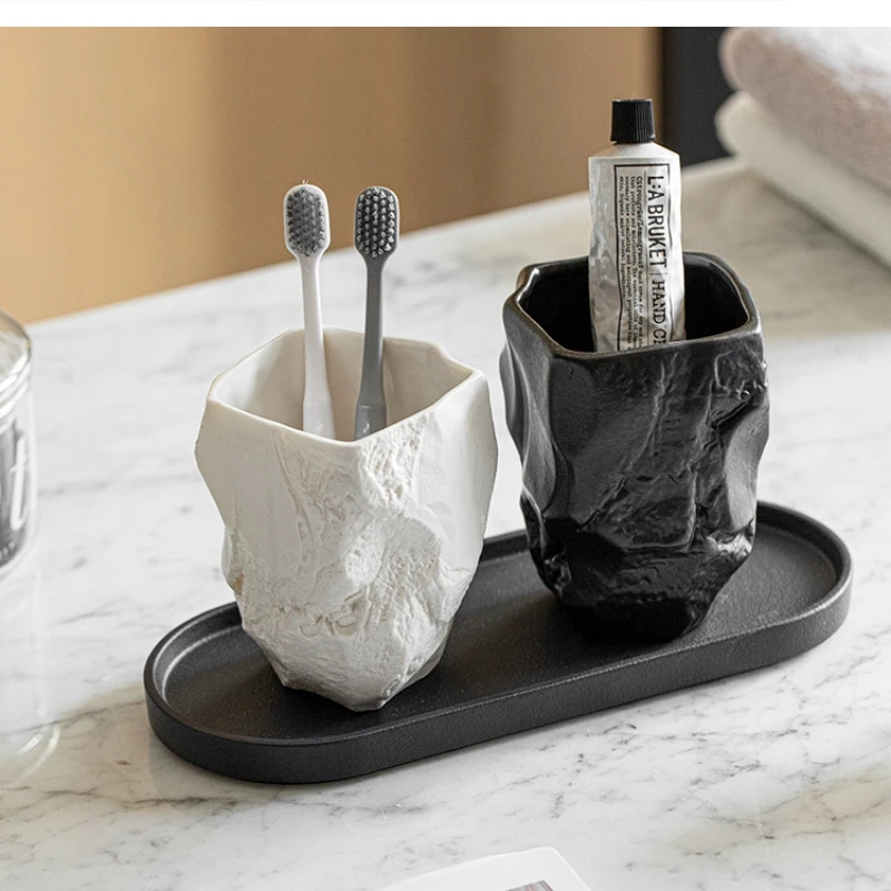 Nordic wabi Sabi Rock shape ceramic toothbrush cup Storage tray Bathroom accessories Household pen holder