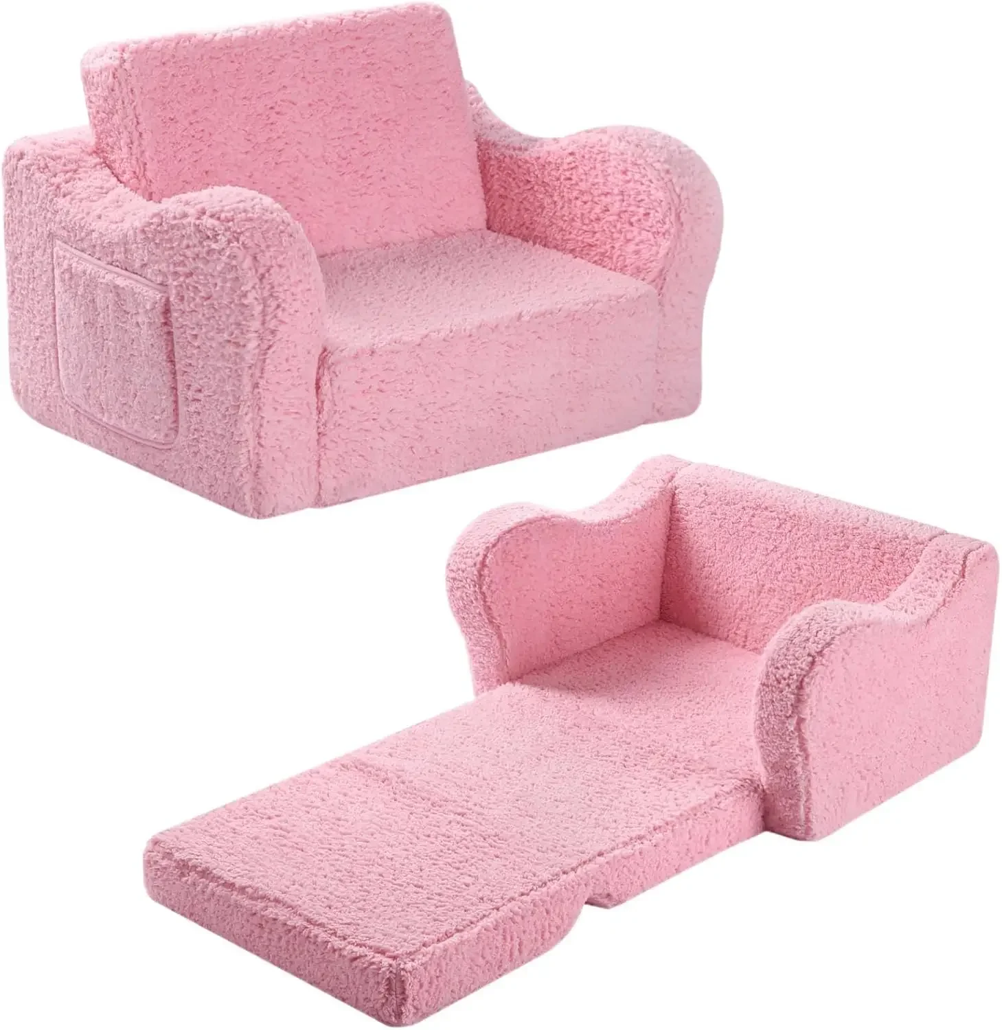 Kids Chairs for Toddler, 2-in-1 Toddler Soft Sherpa Couch Fold Out, Convertible Sofa to Lounger for Girls and Boys, Pink