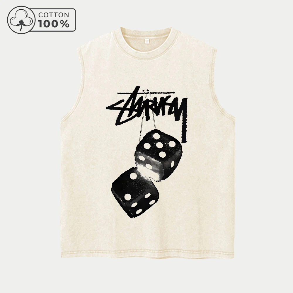 Fitness Washed Vest Fashionable Dice Print Retro Casual Pure Cotton Sleeveless Vest Summer Commuting Running Training Top view 4
