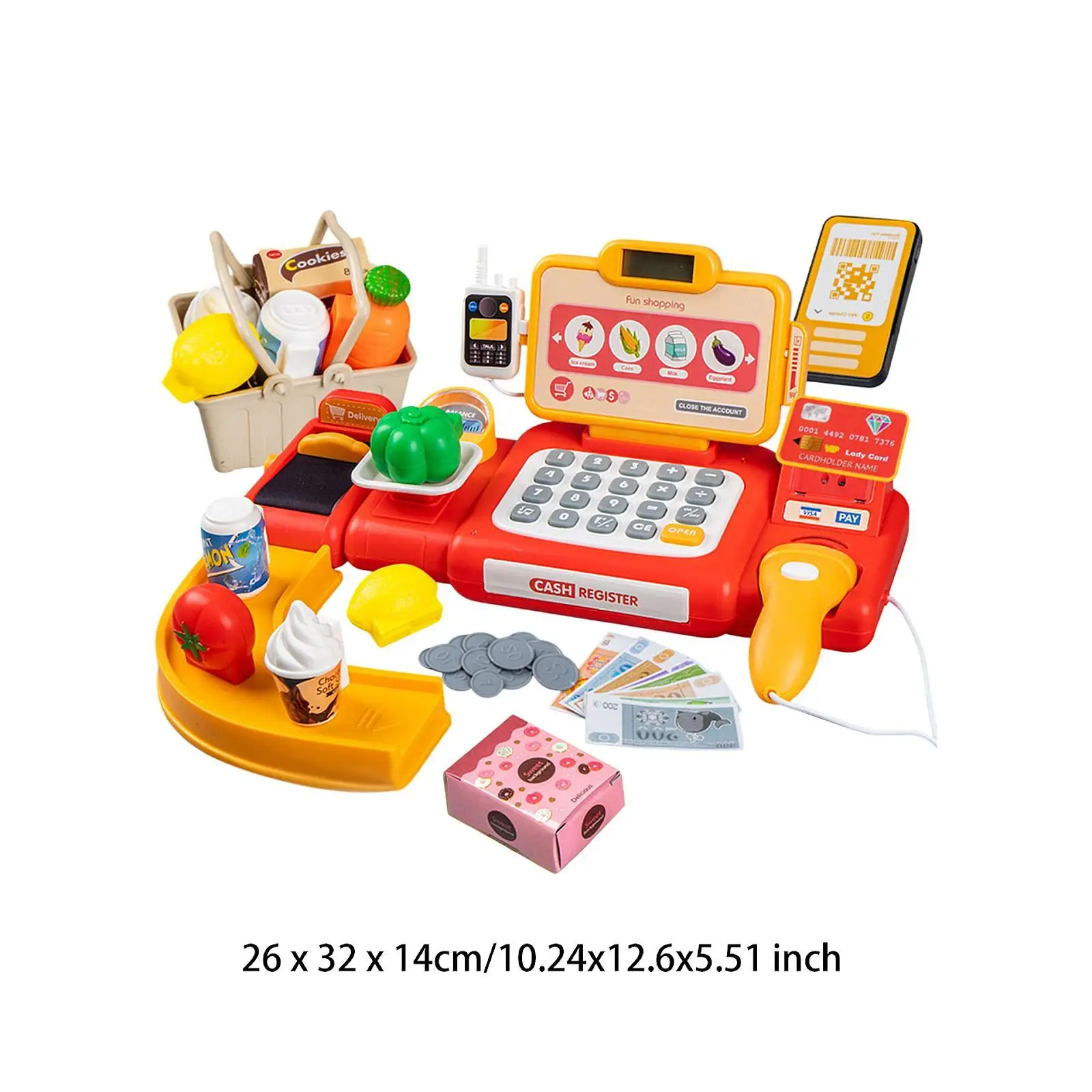 Brinquedo registrador de dinheiro infantil com scanner de cartão, calculadora de brincadeira, brinquedos para crianças de 3 + anos, meninas, meninos, presentes para bebês