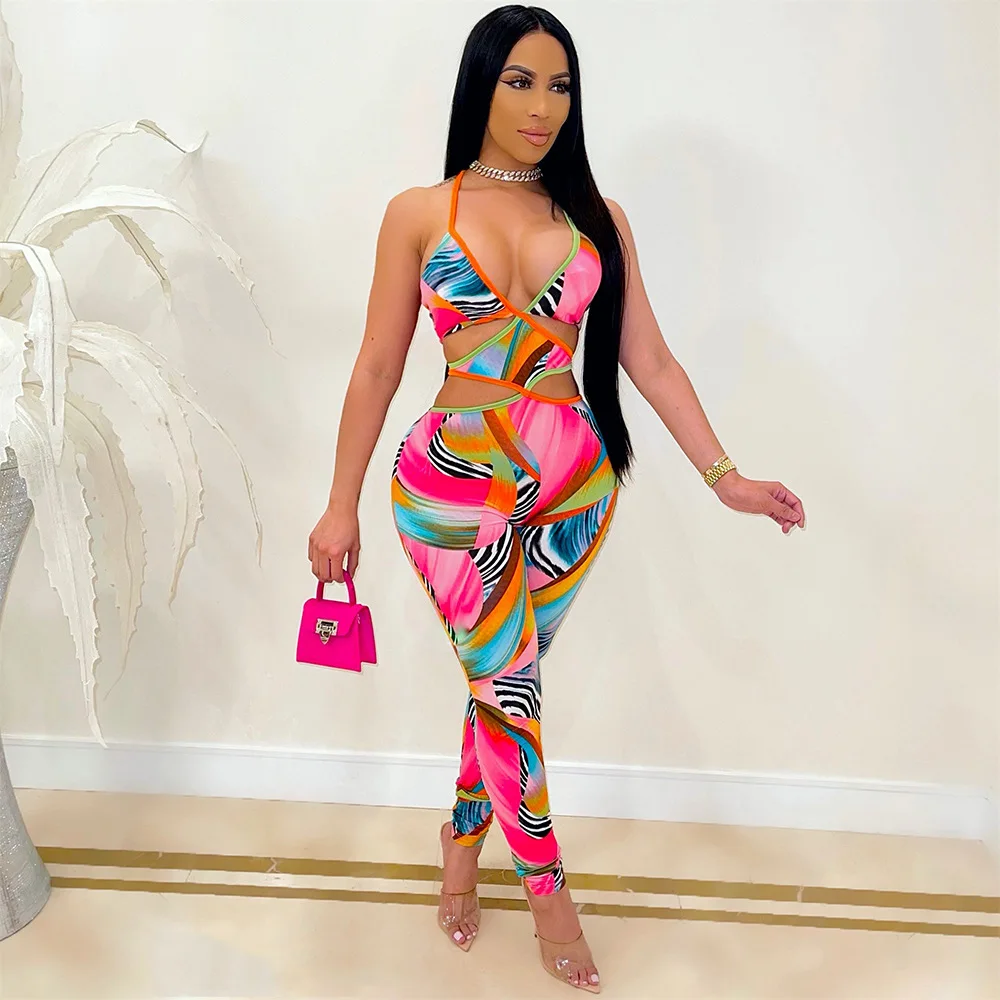 BKLD New Summer Outfits For Women 2024 Fashion Printed Sexy Nightclub Bandage Cross Hollow Out One Pieces Jumpsuit Sleeveless