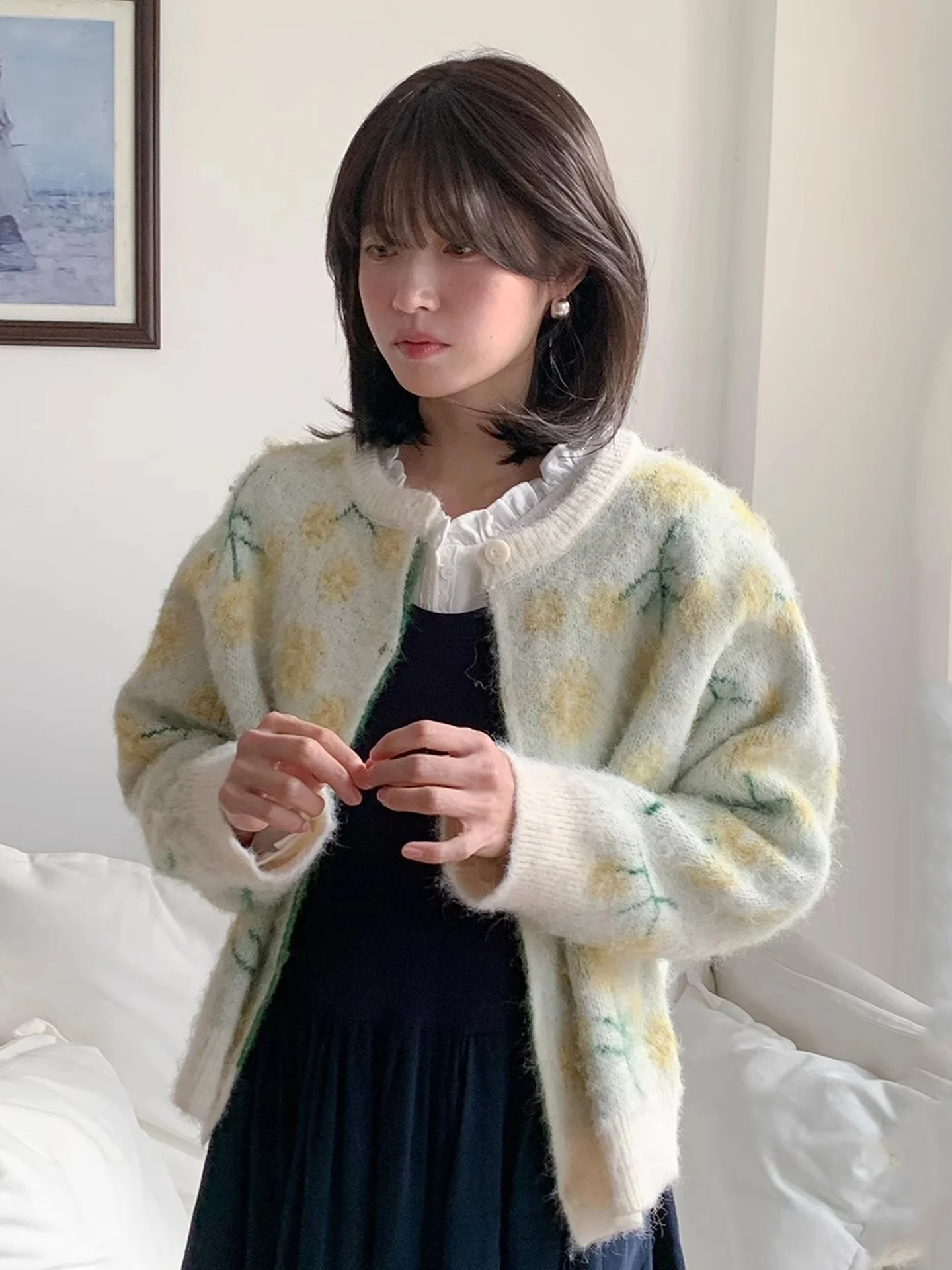 

Vintage Sle Women's Knitted Open Cardigan Soft Cozy Floral Contrast Color Bloing Winter Outerwear Long Sve round Ne