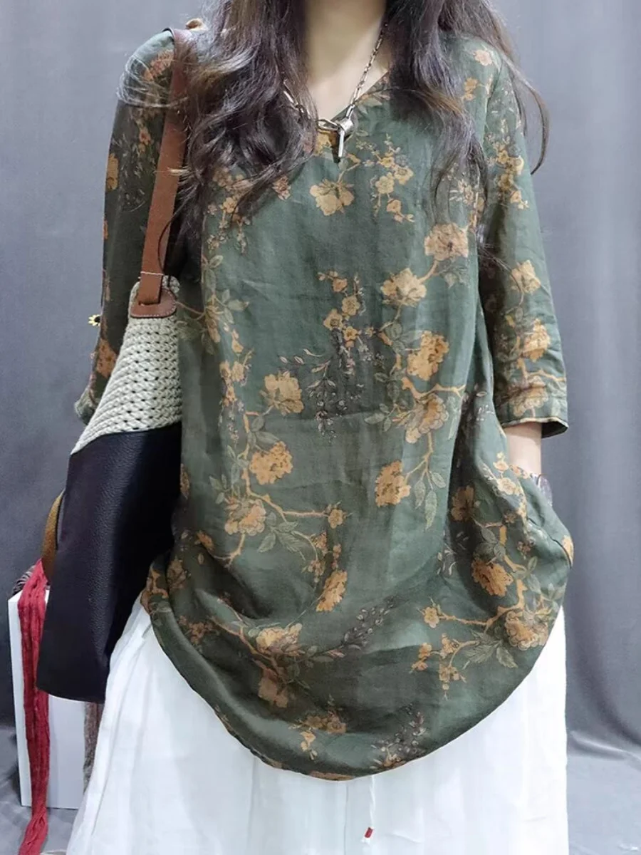 

Loose Cotton Linen irt Vintage Artistic Printed Slimming Casual Mid-Sve Women's Busin Casual Faion Top