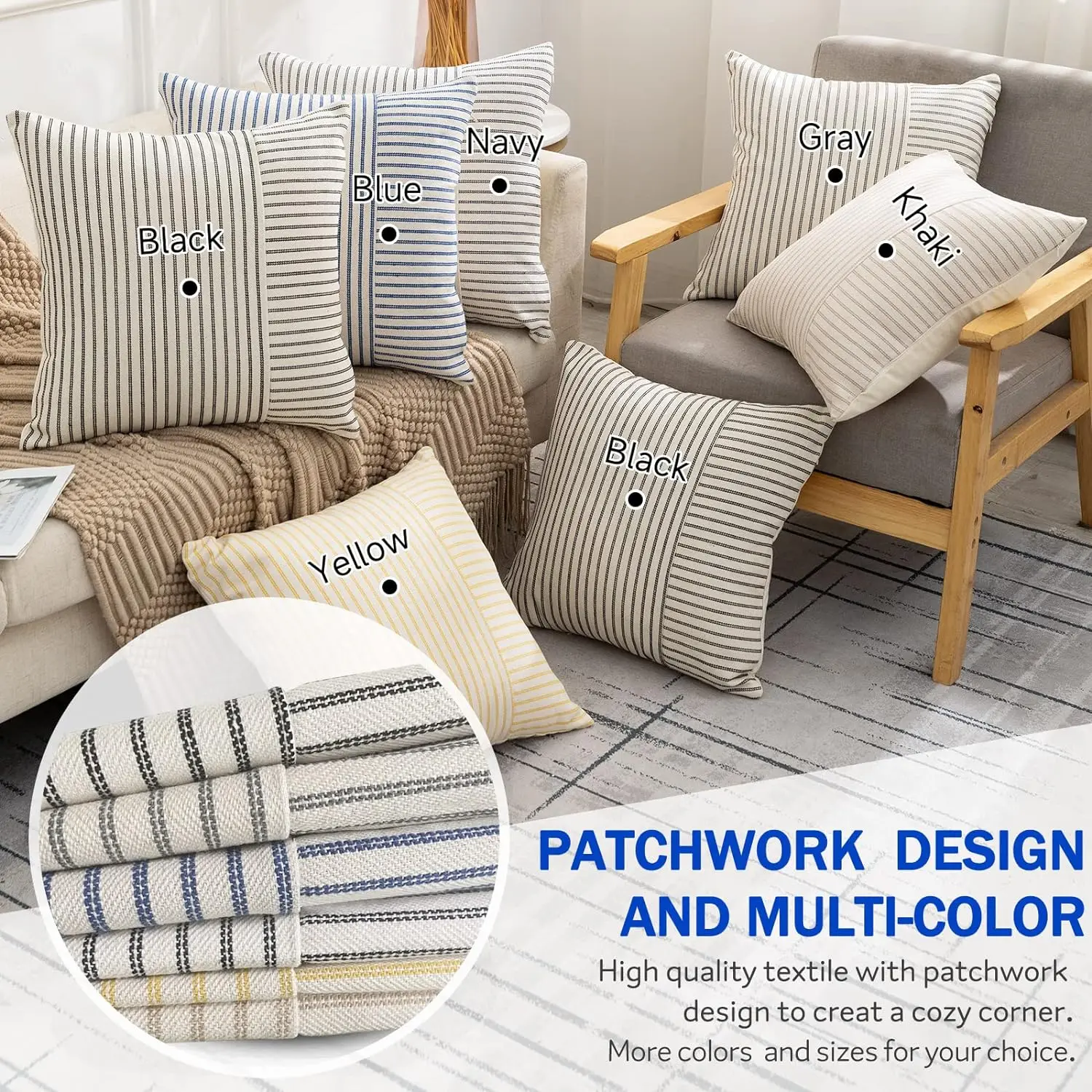 Modern Striped Pillow Covers 18x18 Square Throw Pillow Cover Patchwork Linen Decorative Pillow Cushion Cover Home Decor for Sofa