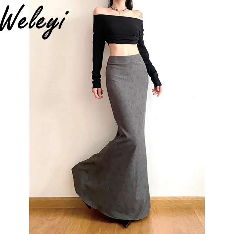 

Autumn and Winter Gray Hip-wrapped Long Fishtail Skirt Ladies 2024 New Elegant High Waist Thin Hot Diamond Printed Skirts Woman