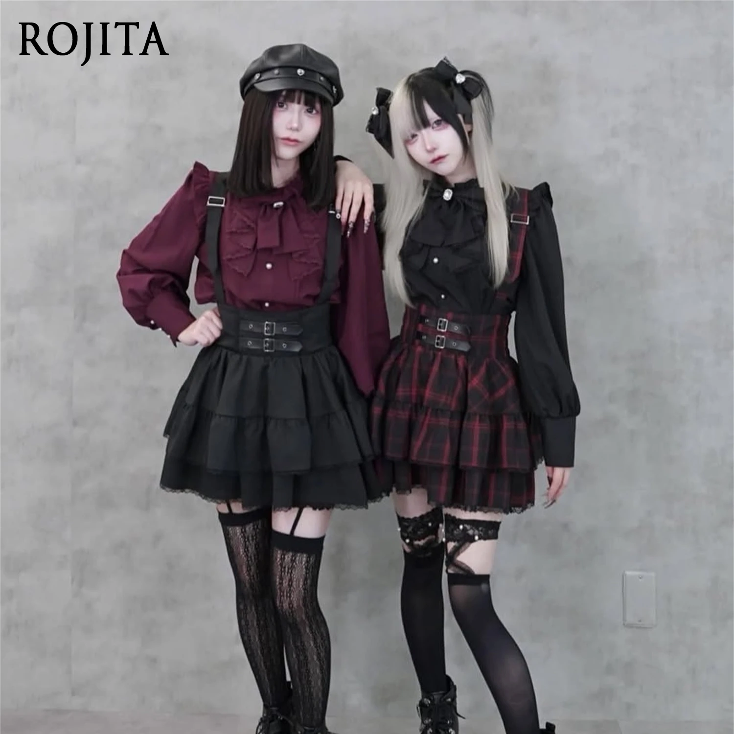 

Sweet and Cute Lace Cake Skirt with Detachable Straps Red Plaid Gothic Lolita Strap Skirt Kawaii Korean Style Goth Skirt