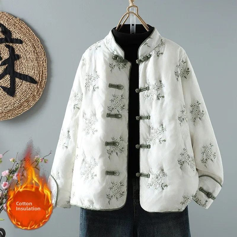 

Elegant Embroidered Cotton Jacket Women's Loose Fit Lightweight Vintage Button up Cold Proof Autumn Winter Fashion Outerwear