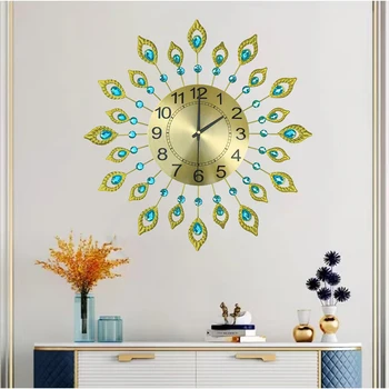 50cm Large Golden Peacock Wall Clock  Luxury Home Decor Wall Clocks Living Room Bedroom Digital Mute Clock 3D Wall Decor
