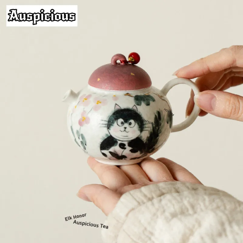 145ml Hand-painted Cat Rock White Teapot Antique Tea Infuser Pot Tea Soaking Kettle With Strainer Teaware Accessories Craft Gift