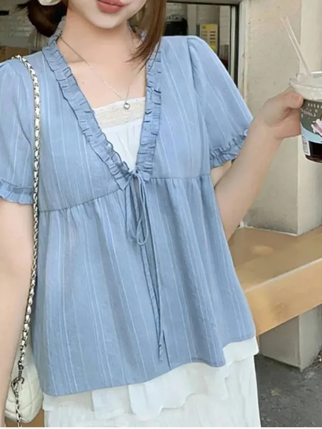 

plus Size Korean Style V-Neck Doll Shirt Women Summer Loose Slimming Fake Two-Piece Top Breathable Polyester Fiber Short Sleeve