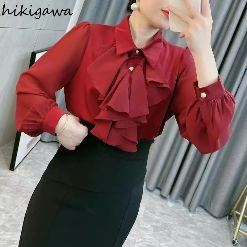 2024 Blusas Mujer De Moda Long Sleeve Solid Color Blouse for Women Vintage Summer Shirts Sweet Ruffles Loose Korean Blouses Tops